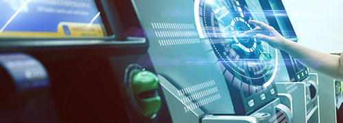 ATM-Company-NJ ATM Company NJ image of hand using touch screen at banking machine with circular graphic in white where fingers are touching the screen.